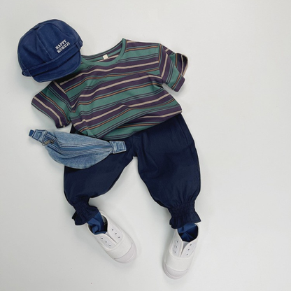 カラフルストライプ純綿半袖Tシャツ