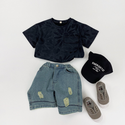 大柄フラワープリント純棉Tシャツ