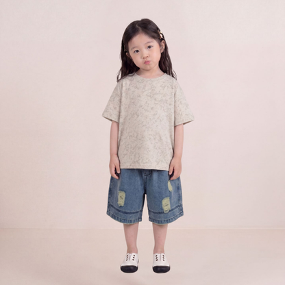 マーブル柄純棉半袖Tシャツ