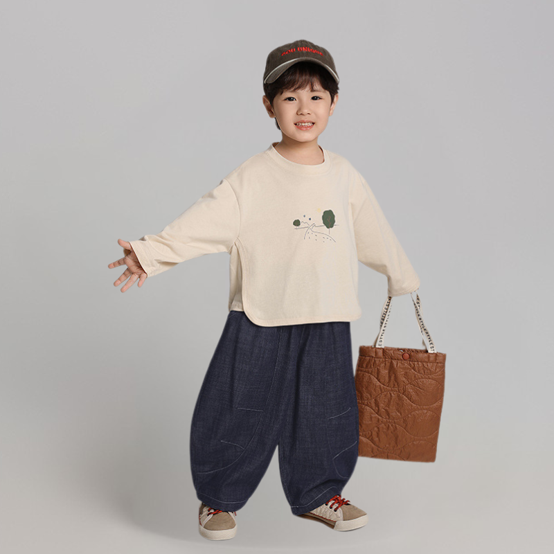 ステッチデザインデニム風ロングパンツ