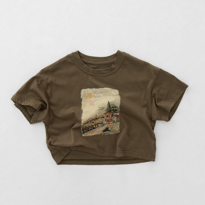 レトロプリント純綿半袖Tシャツ