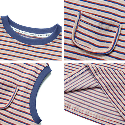 多色ボーダードロップショルダー半袖Tシャツ