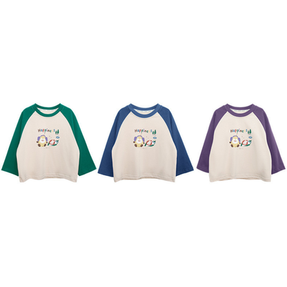 カラフルプリント綿100%ラグランTシャツ