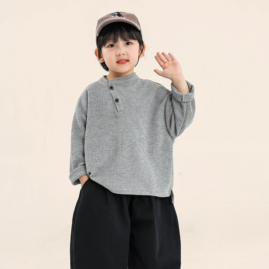 斜めボタンワッフル生地長袖T