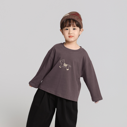 馬プリント純綿ロングTシャツ