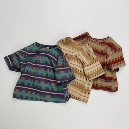 カラフルストライプ純綿半袖Tシャツ