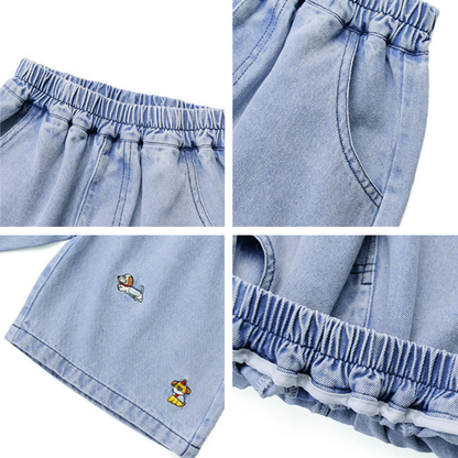 刺繍デニム五分丈パンツ