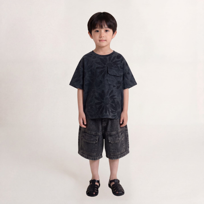 大柄フラワープリント純棉Tシャツ