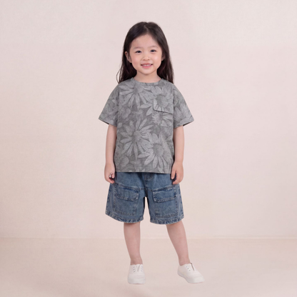 大柄フラワープリント純棉Tシャツ