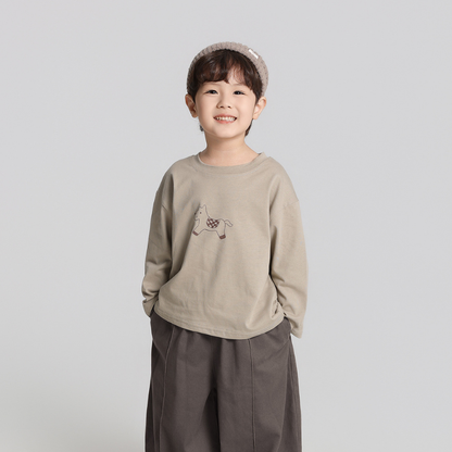 馬プリント純綿ロングTシャツ
