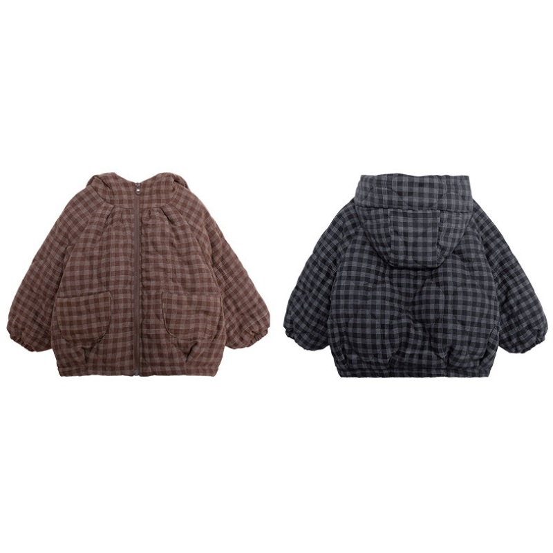 チェック柄中棉フード付きコート