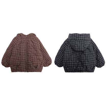 チェック柄中棉フード付きコート