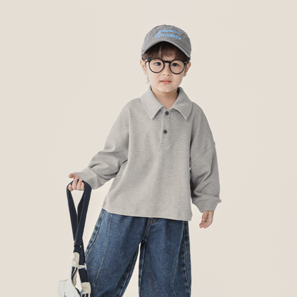 小さプリント純綿ポロ長袖シャツ
