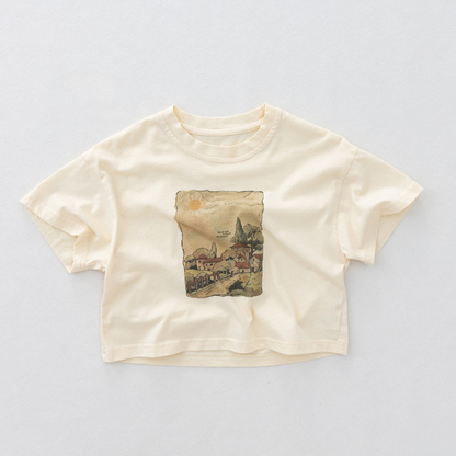 レトロプリント純綿半袖Tシャツ