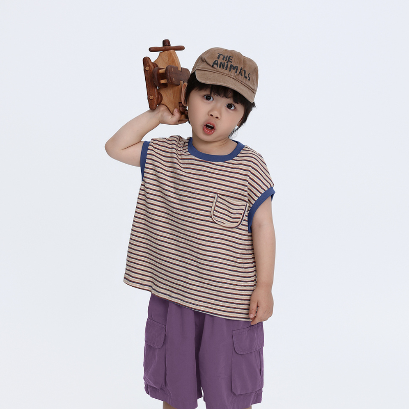 多色ボーダードロップショルダー半袖Tシャツ