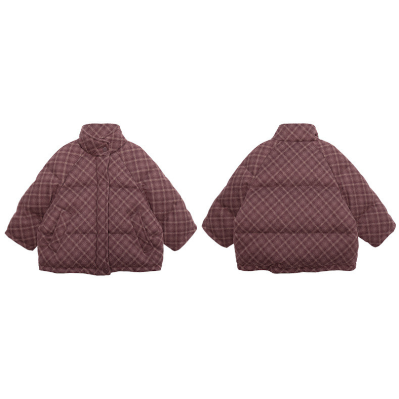 赤チェック中綿コート