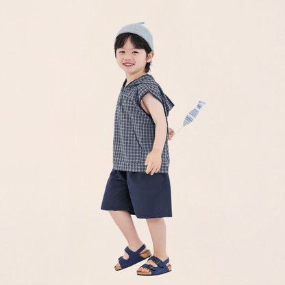 チェック柄タンクトップx無地パンツ2点セット