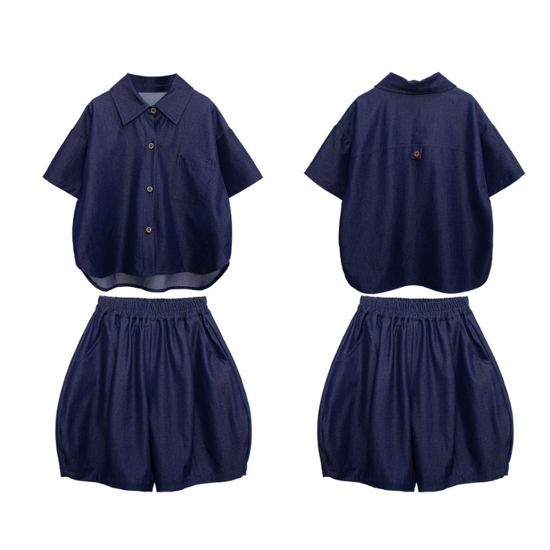 デニム風半袖シャツ＆ショートパンツ2点セット