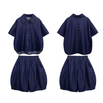 デニム風半袖シャツ＆ショートパンツ2点セット