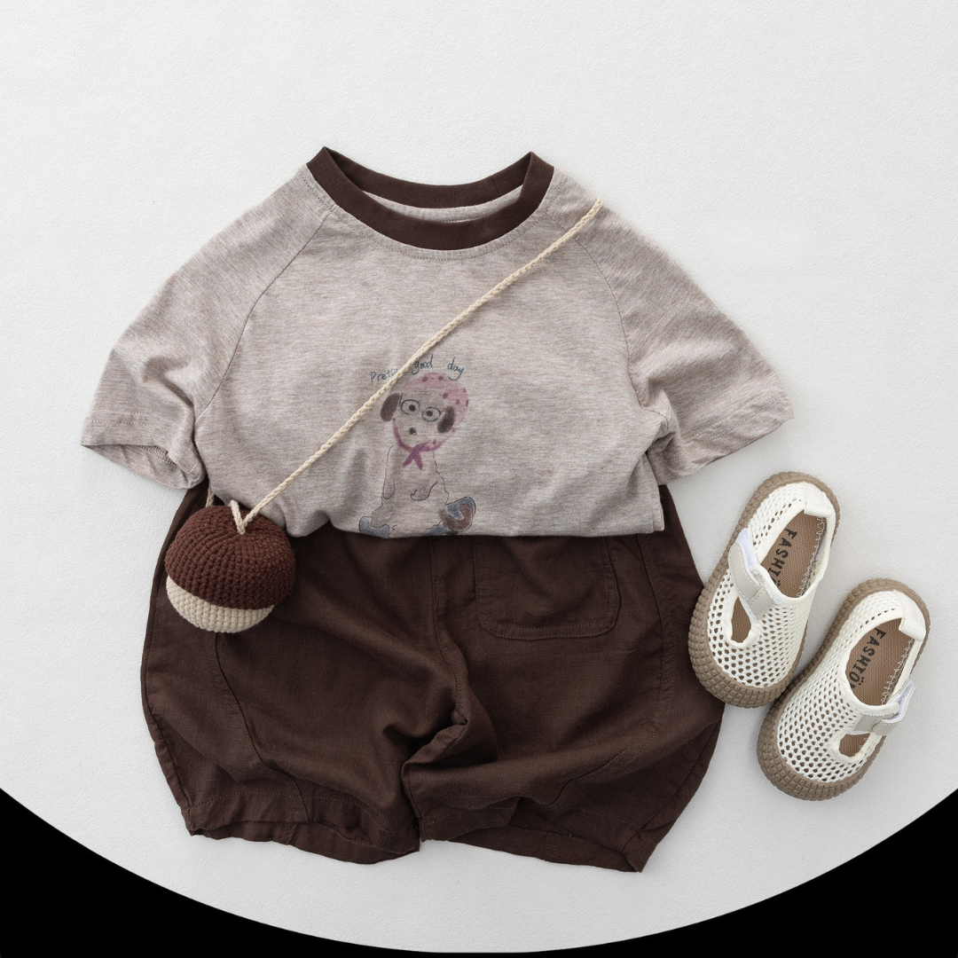 子犬プリント綿100%Tシャツ