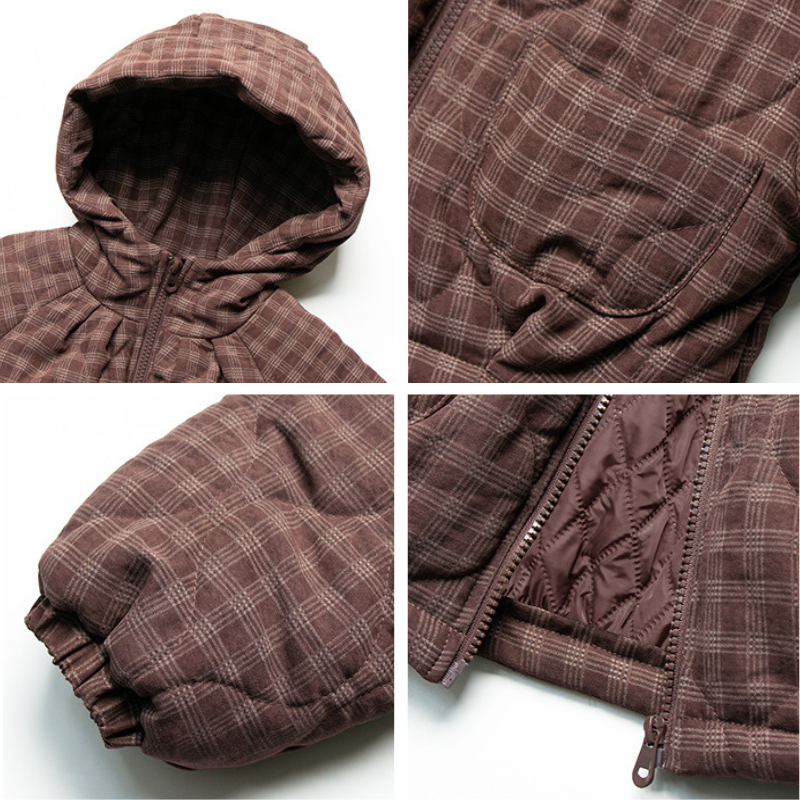 チェック柄中棉フード付きコート