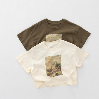 レトロプリント純綿半袖Tシャツ