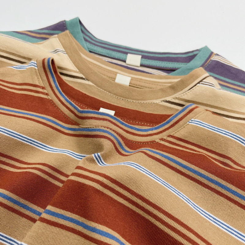 カラフルストライプ純綿半袖Tシャツ