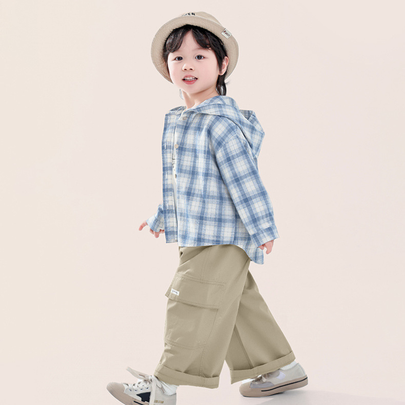 綿100%フード付きチェックシャツ