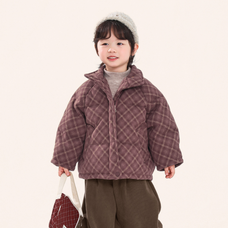 赤チェック中綿コート