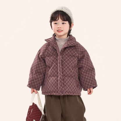 赤チェック中綿コート