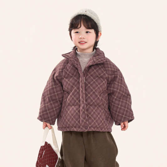 赤チェック中綿コート