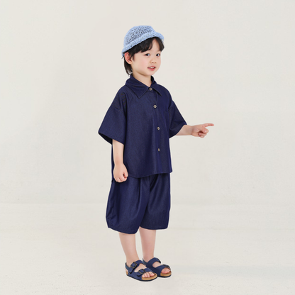 デニム風半袖シャツ＆ショートパンツ2点セット