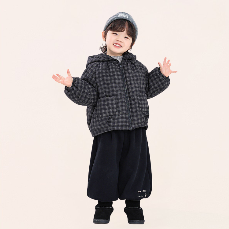 チェック柄中棉フード付きコート