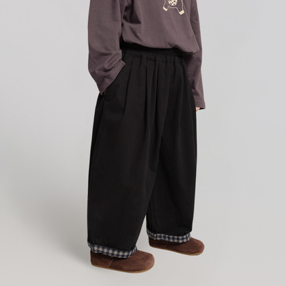 裾チェック柄ロングパンツ純綿