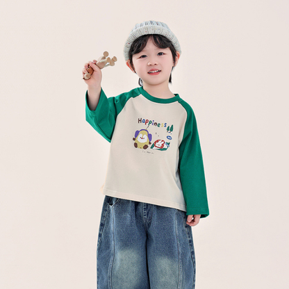 カラフルプリント綿100%ラグランTシャツ