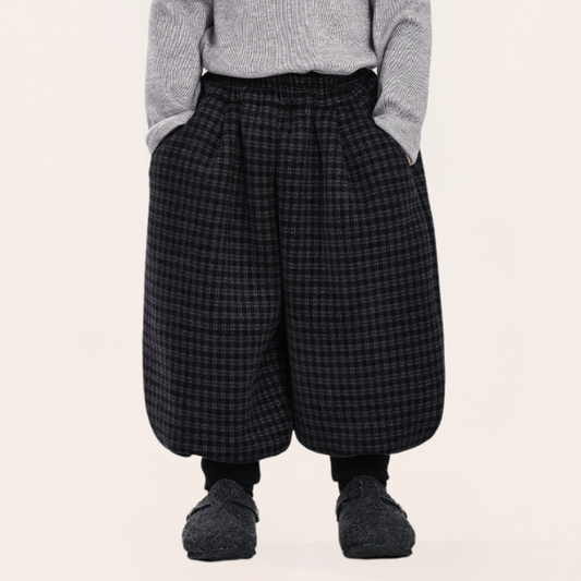 チェック柄裾リブ裏ボアパンツ