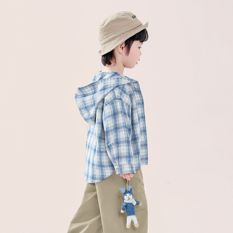 綿100%フード付きチェックシャツ