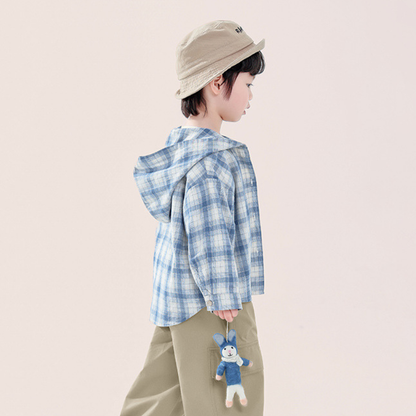 綿100%フード付きチェックシャツ