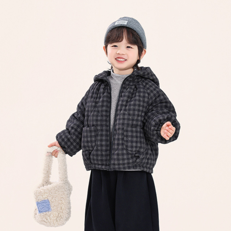 チェック柄中棉フード付きコート