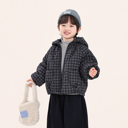 チェック柄中棉フード付きコート