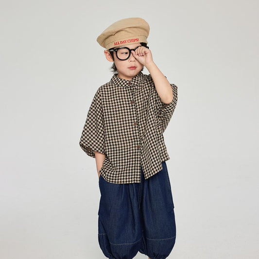 7分袖チェック柄シャツ