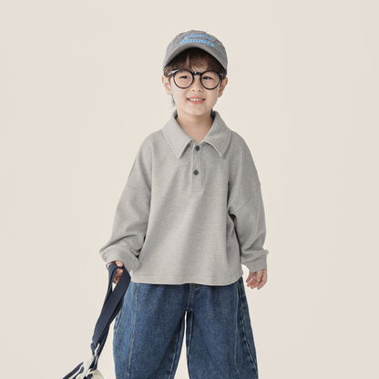小さプリント純綿ポロ長袖シャツ