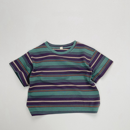 カラフルストライプ純綿半袖Tシャツ