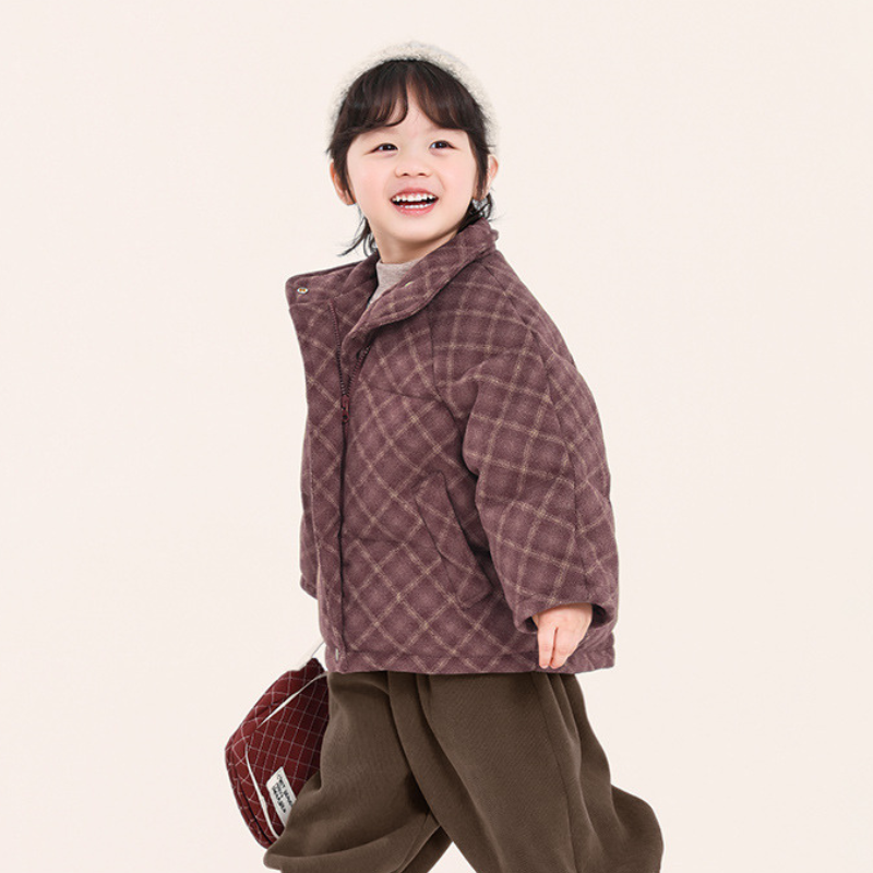 赤チェック中綿コート