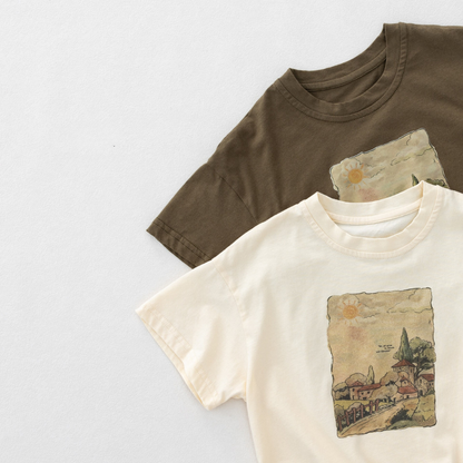 レトロプリント純綿半袖Tシャツ