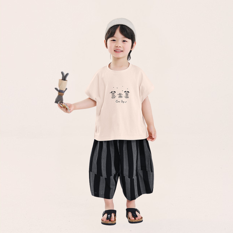 ストライプ切替コットン七分パンツ