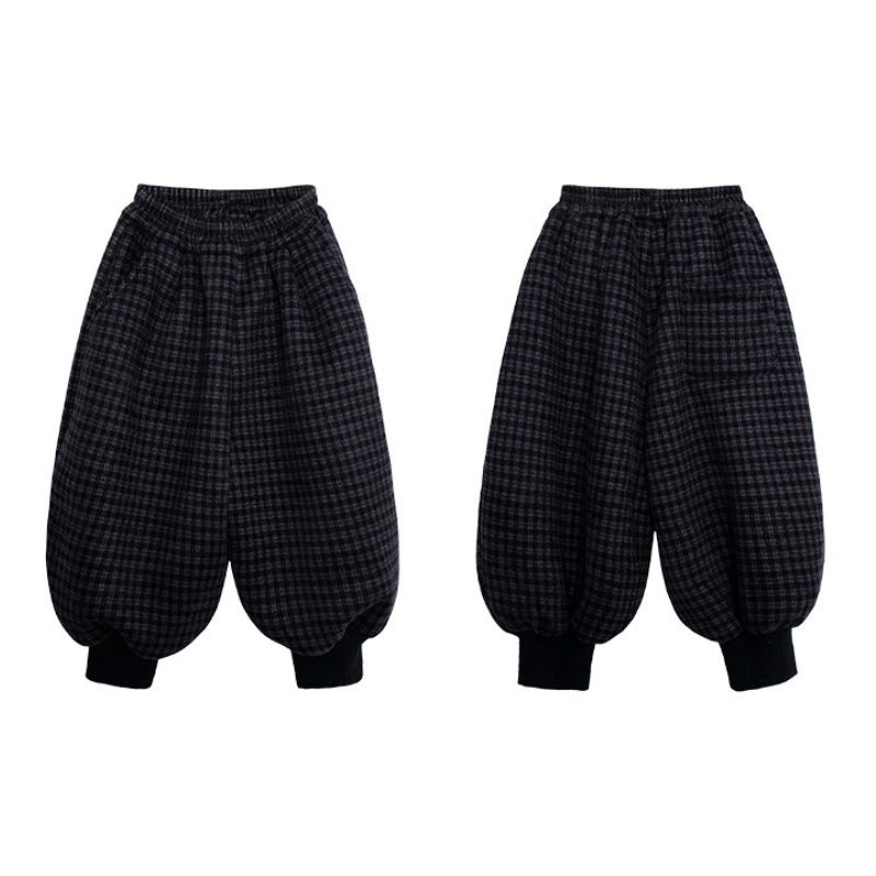 チェック柄裾リブ裏ボアパンツ
