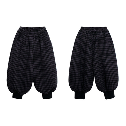チェック柄裾リブ裏ボアパンツ