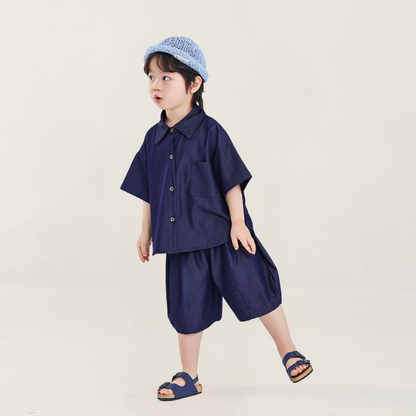 デニム風半袖シャツ＆ショートパンツ2点セット