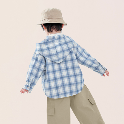 綿100%フード付きチェックシャツ